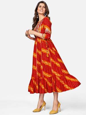 Women's Bandhani Printed & Embroidered Anarkali Rayon Red Kurta 3