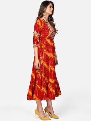Women's Bandhani Printed & Embroidered Anarkali Rayon Red Kurta 4