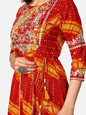 Women's Bandhani Printed & Embroidered Anarkali Rayon Red Kurta 5