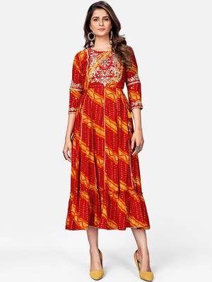 Women's Bandhani Printed & Embroidered Anarkali Rayon Red Kurta 6