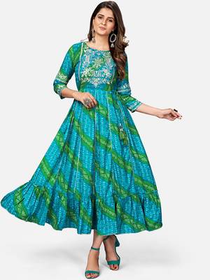 Women's Bandhani Printed & Embroidered Anarkali Rayon Sky Blue Kurta 1