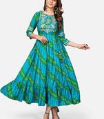 Women's Bandhani Printed & Embroidered Anarkali Rayon Sky Blue Kurta