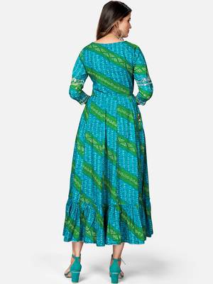 Women's Bandhani Printed & Embroidered Anarkali Rayon Sky Blue Kurta 2