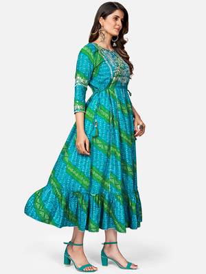 Women's Bandhani Printed & Embroidered Anarkali Rayon Sky Blue Kurta 3