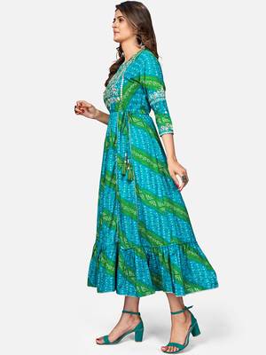 Women's Bandhani Printed & Embroidered Anarkali Rayon Sky Blue Kurta 4