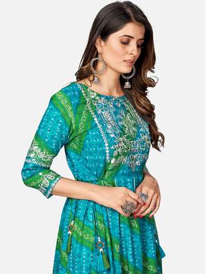 Women's Bandhani Printed & Embroidered Anarkali Rayon Sky Blue Kurta 5