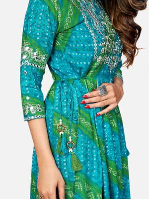 Women's Bandhani Printed & Embroidered Anarkali Rayon Sky Blue Kurta 6