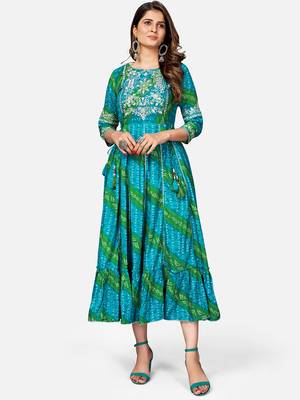 Women's Bandhani Printed & Embroidered Anarkali Rayon Sky Blue Kurta 7