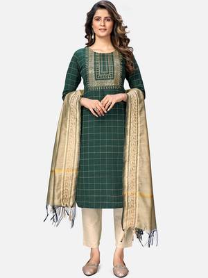 Women's Sequence & Checked Straight Cotton Green Kurta,Pant & Dupatta 1