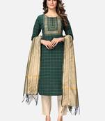 Women's Sequence & Checked Straight Cotton Green Kurta,Pant & Dupatta