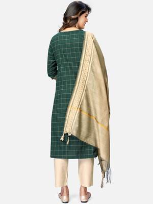 Women's Sequence & Checked Straight Cotton Green Kurta,Pant & Dupatta 2