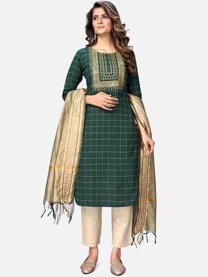 Women's Sequence & Checked Straight Cotton Green Kurta,Pant & Dupatta 9