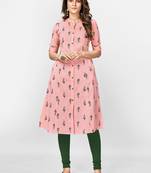 Women's Printed A-Line Cotton Pink Kurta