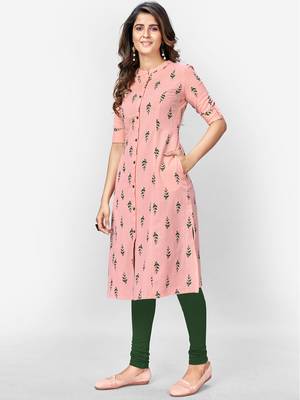 Women's Printed A-Line Cotton Pink Kurta 3