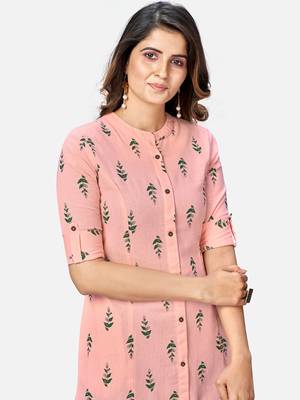 Women's Printed A-Line Cotton Pink Kurta 5