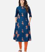 Women's Foil Printed A-Line Rayon Blue Kurta