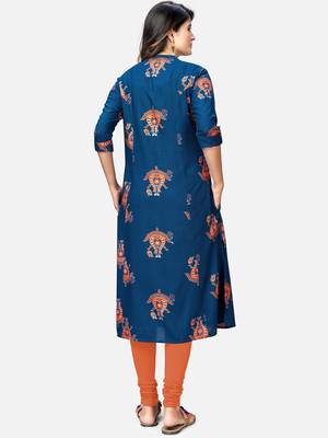Women's Foil Printed A-Line Rayon Blue Kurta 2