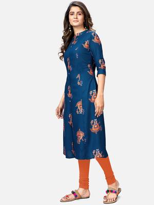 Women's Foil Printed A-Line Rayon Blue Kurta 3