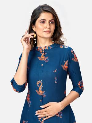 Women's Foil Printed A-Line Rayon Blue Kurta 5