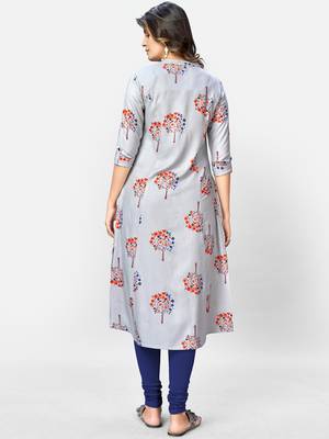 Women's Foil Printed A-Line Rayon Grey Kurta 2