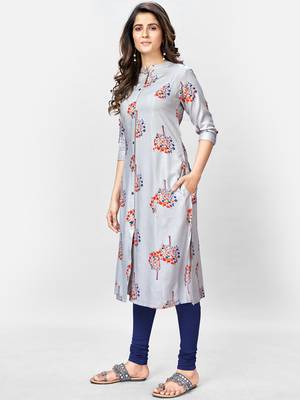Women's Foil Printed A-Line Rayon Grey Kurta 3