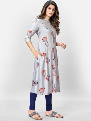 Women's Foil Printed A-Line Rayon Grey Kurta 4