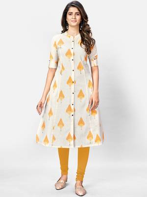 Women's Printed A-Line Cotton Beige Kurta 1