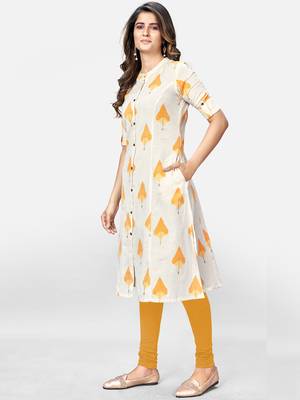 Women's Printed A-Line Cotton Beige Kurta 3