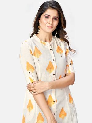 Women's Printed A-Line Cotton Beige Kurta 5