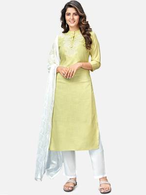 Women's Embroidered & Solid Straight Rayon Lime Kurta,Pant & Dupatta 1