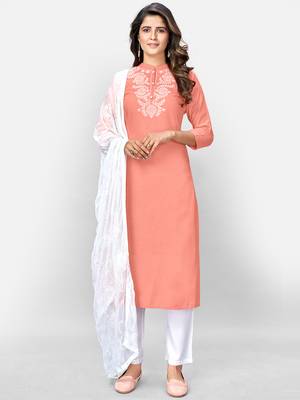 Women's Embroidered & Solid Straight Rayon Pink Kurta,Pant & Dupatta 1