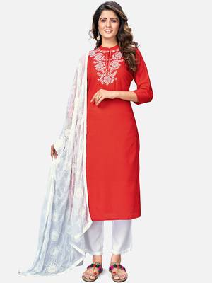 Women's Embroidered & Solid Straight Rayon Red Kurta,Pant & Dupatta 1