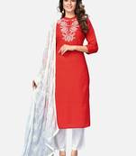 Women's Embroidered & Solid Straight Rayon Red Kurta,Pant & Dupatta