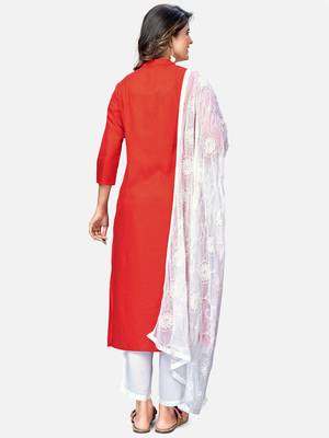 Women's Embroidered & Solid Straight Rayon Red Kurta,Pant & Dupatta 2