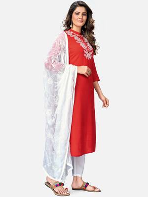 Women's Embroidered & Solid Straight Rayon Red Kurta,Pant & Dupatta 3