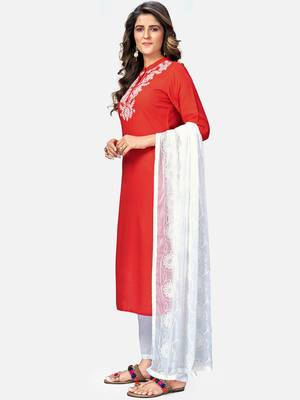 Women's Embroidered & Solid Straight Rayon Red Kurta,Pant & Dupatta 4