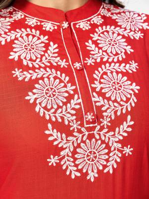 Women's Embroidered & Solid Straight Rayon Red Kurta,Pant & Dupatta 6