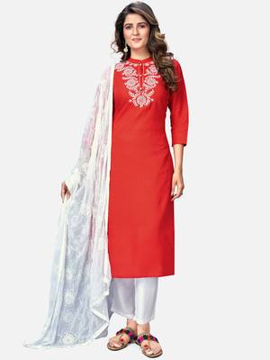 Women's Embroidered & Solid Straight Rayon Red Kurta,Pant & Dupatta 9