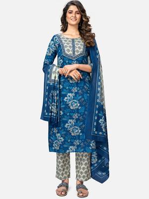 Women's Printed & Embroidered Straight Cotton Blue Kurta With Pant & Dupatta 1