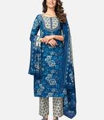 Women's Printed & Embroidered Straight Cotton Blue Kurta With Pant & Dupatta