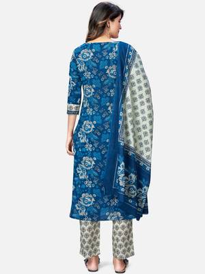 Women's Printed & Embroidered Straight Cotton Blue Kurta With Pant & Dupatta 2