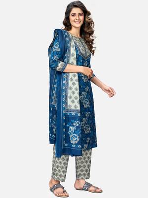 Women's Printed & Embroidered Straight Cotton Blue Kurta With Pant & Dupatta 3