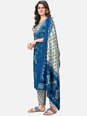 Women's Printed & Embroidered Straight Cotton Blue Kurta With Pant & Dupatta 4