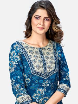 Women's Printed & Embroidered Straight Cotton Blue Kurta With Pant & Dupatta 5