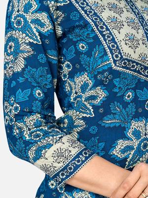 Women's Printed & Embroidered Straight Cotton Blue Kurta With Pant & Dupatta 6