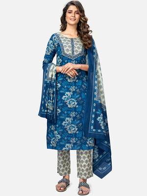 Women's Printed & Embroidered Straight Cotton Blue Kurta With Pant & Dupatta 8