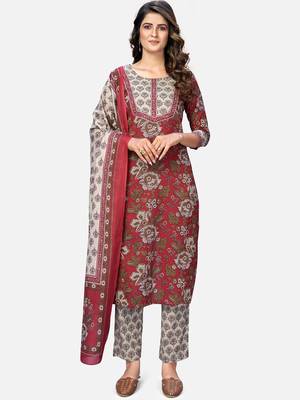 Women's Printed & Embroidered Straight Cotton Red Kurta With Pant & Dupatta 1