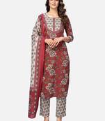 Women's Printed & Embroidered Straight Cotton Red Kurta With Pant & Dupatta