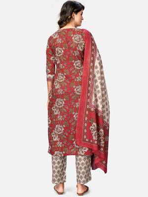Women's Printed & Embroidered Straight Cotton Red Kurta With Pant & Dupatta 2