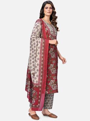 Women's Printed & Embroidered Straight Cotton Red Kurta With Pant & Dupatta 3